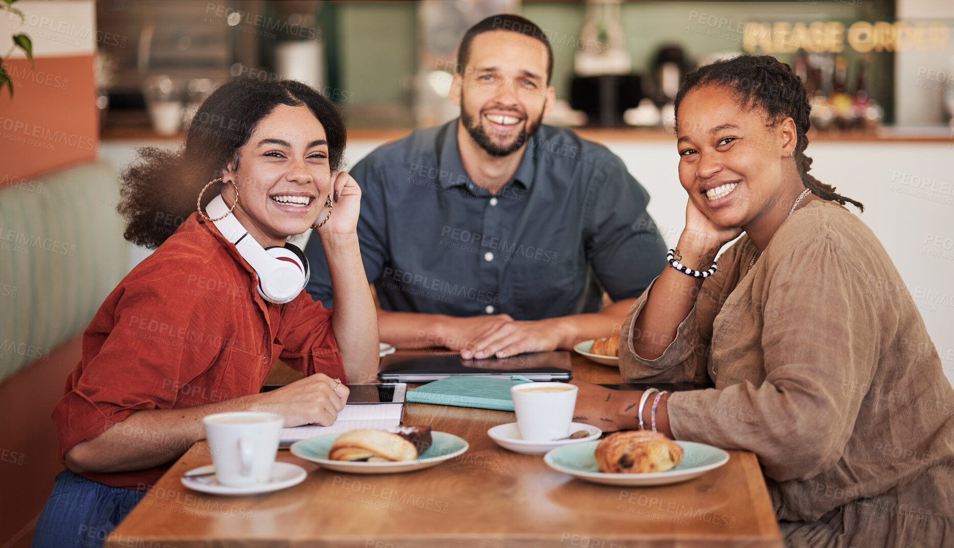 Buy stock photo Business meeting, cafe and portrait of web design consultation group with a smile. Working, planning and diversity of creative team consulting on a social media strategy for startup company growth