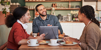 Buy stock photo Team, remote working and brainstorming in cafe, talking and planning for group project, strategy and happiness. Staff, leader and teamwork in coffee shop, laptop for online schedule and connection