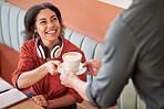 Black woman, customer and smile for coffee from waiter at cafe for happy service, thank you or caffeine. African American female remote worker smiling for fine dining, beverage or care at restaurant