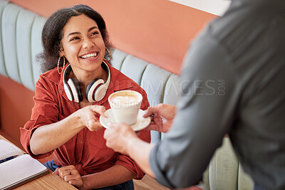 Buy stock photo Black woman, customer and smile for coffee from waiter at cafe for happy service, thank you or caffeine. African American female remote worker smiling for cup of warm beverage at shop or restaurant