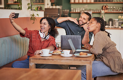 Buy stock photo Relax, happy and selfie with friends in coffee shop for lunch break, social media and food blog. Remote work, internet and diversity with group of people in cafe for live streaming, comedy or reunion