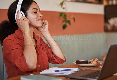 Buy stock photo Headphones, coffee shop and black student with music or web podcast working on a computer. Relax learning, streaming and radio listening of a happy young woman at a cafe ready for digital study