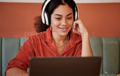 Buy stock photo Headphones, restaurant and black woman with laptop streaming a video or podcast on computer. Student web learning, watching or radio listening of a happy young person at a coffee shop ready for study