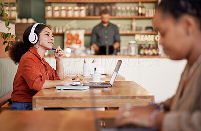 Buy stock photo Cafe, girl or student thinking of ideas for innovation while working or planning a studying schedule. College, school education or university learner learning via an an online course in coffee shop