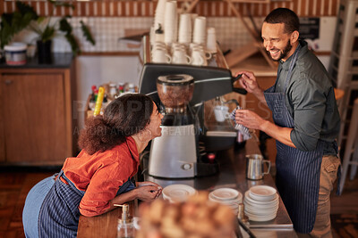 Buy stock photo Coffee, cafe and barista couple laughing at funny meme, joke or comedy. Small business owners, waiters and diversity of happy man and woman working in restaurant while talking or comic conversation.