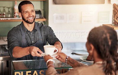 Buy stock photo Coffee, cafe and barista serving customer a cup of latte in small business. Restaurant, cappuccino and waiter, man and  server giving fresh mug of caffeine or espresso to female shopper in store.