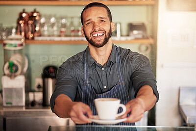 Buy stock photo Coffee, cafe and portrait of barista with cup in small business. Restaurant, cappuccino and waiter, man and hands of server holding fresh and delicious mug of caffeine or espresso in shop or store.