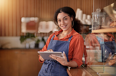 Buy stock photo Portrait, cafe waiter and black woman with tablet to manage orders, inventory and stock. Coffee shop barista, technology and happy female waitress with touchscreen for managing sales in restaurant.