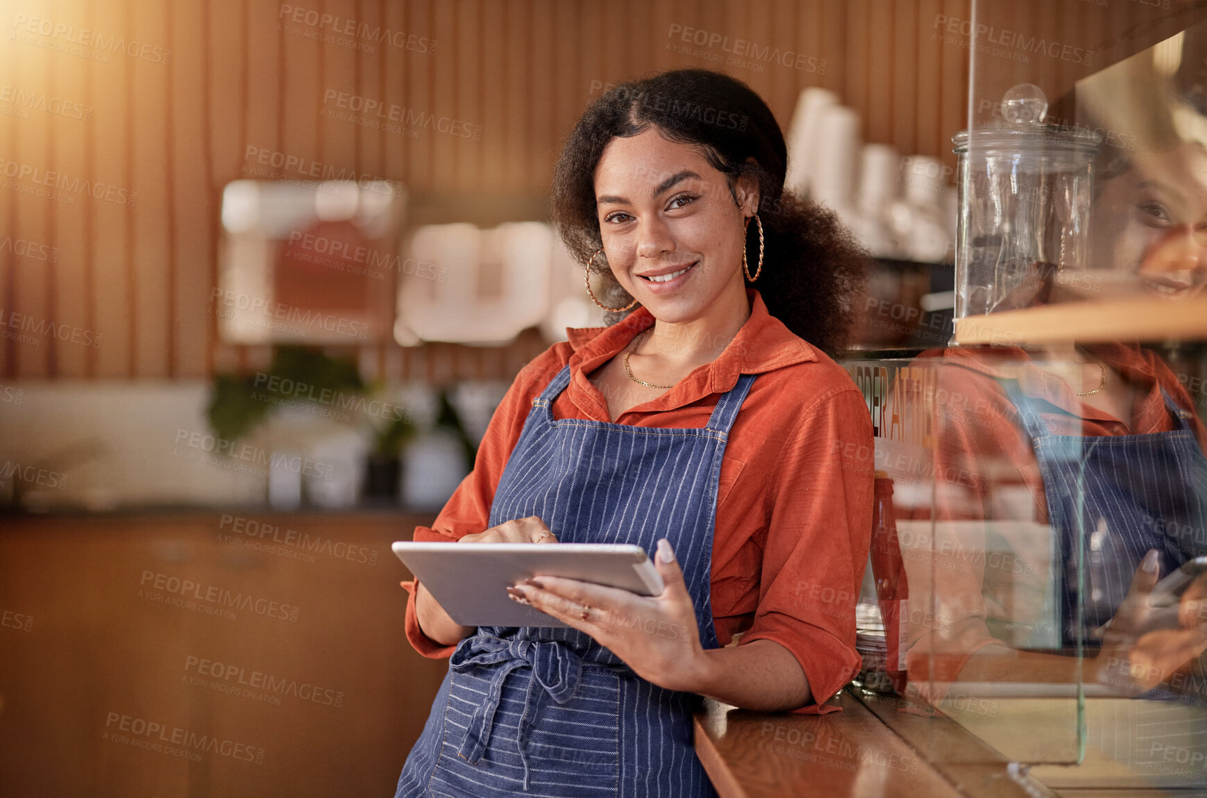 Buy stock photo Portrait, cafe waiter and black woman with tablet to manage orders, inventory and stock. Coffee shop barista, technology and happy female waitress with touchscreen for managing sales in restaurant.