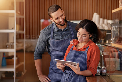 Buy stock photo Restaurant, cafe owner and couple with tablet to manage orders, inventory and stock. Interracial waiters, technology and happy man and woman with digital touchscreen for managing sales in coffee shop