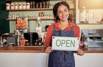 Small business, portrait or black woman with a hiring sign for job vacancy offer in cafe or coffee shop. Recruitment, business owner or happy entrepreneur smiles with an onboarding message in store