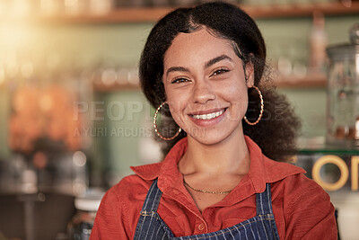 Buy stock photo Face portrait, cafe waiter and black woman ready to take orders. Coffee shop, barista and confident, happy and proud young female employee from Brazil, worker or small business owner of cafeteria.

