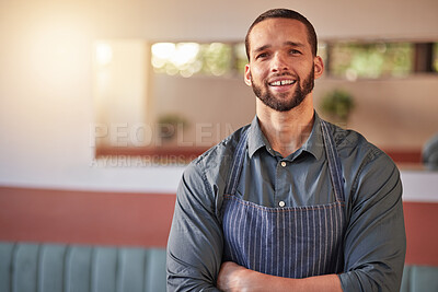 Buy stock photo Restaurant, waiter portrait and man with arms crossed ready to take your order. Small business, server and confident, happy and proud young male employee from Brazil, worker or startup business owner