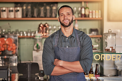 Buy stock photo Portrait, cafe and barista man with arms crossed ready to take your order. Coffee shop, waiter and confident, happy and proud young male employee from Brazil or small business owner of cafeteria.
