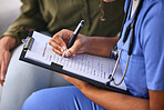 Hands, writing and healthcare with a nurse and patient in consultation for insurance or medicine in a home. Medical, documents and clipbpard with a medicine professional and female client in a clinic