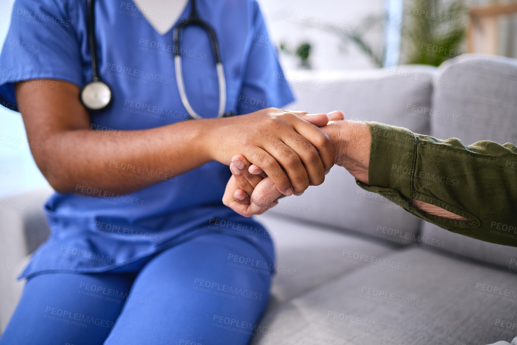 Buy stock photo Closeup, doctor holding patient hand and support with diagnosis, test results and healthcare. Medical professional, woman and nurse with female hands, hope and help with terminal disease and illness