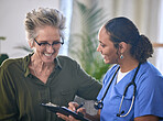 Healthcare, retirement and clipboard with a nurse and woman in consultation over treatment in a home. Medical, insurance and documents with a female medicine professional taking to a mature patient