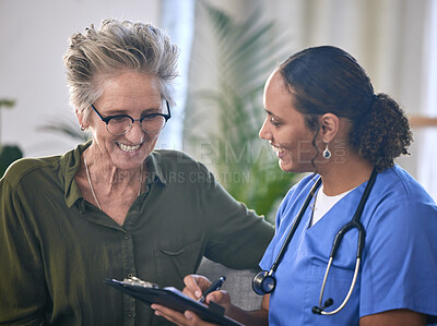 Buy stock photo Healthcare, retirement and clipboard with a nurse and woman in consultation over treatment in a home. Medical, insurance and documents with a female medicine professional taking to a mature patient