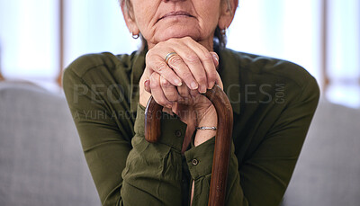 Buy stock photo Senior woman, health and hands on walking stick for disability, support and old age in retirement. Healthcare, thinking and elderly lady with wooden cane for arthritis, osteoporosis and help to walk