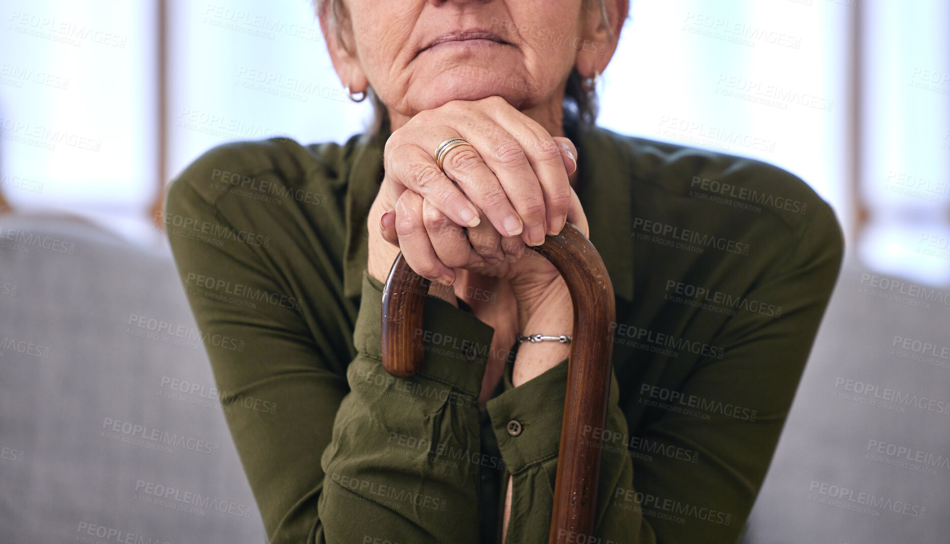 Buy stock photo Senior woman, health and hands on walking stick for disability, support and old age in retirement. Healthcare, thinking and elderly lady with wooden cane for arthritis, osteoporosis and help to walk