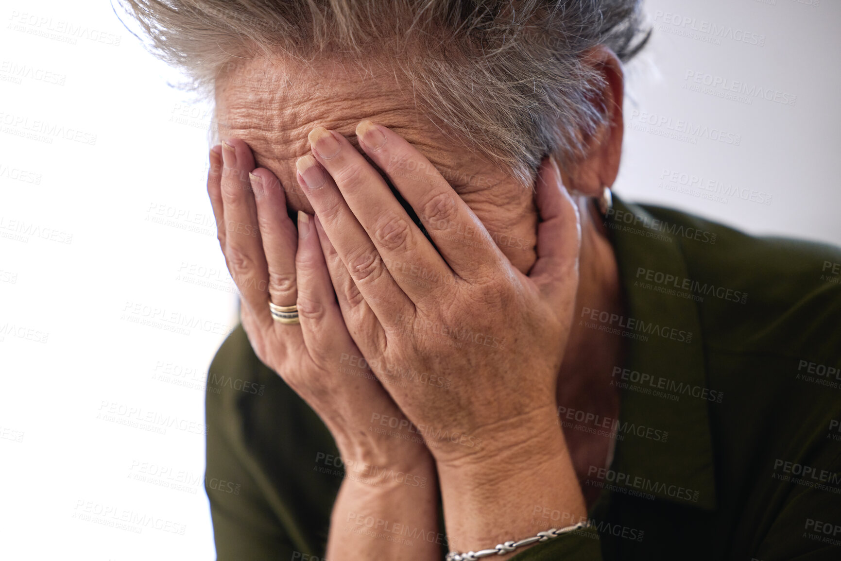 Buy stock photo Senior woman, cover face with hands and sad for diagnosis, mental health and shocking news. Mature female, elderly lady and emotional with stress, depression and results for fatal illness or sickness