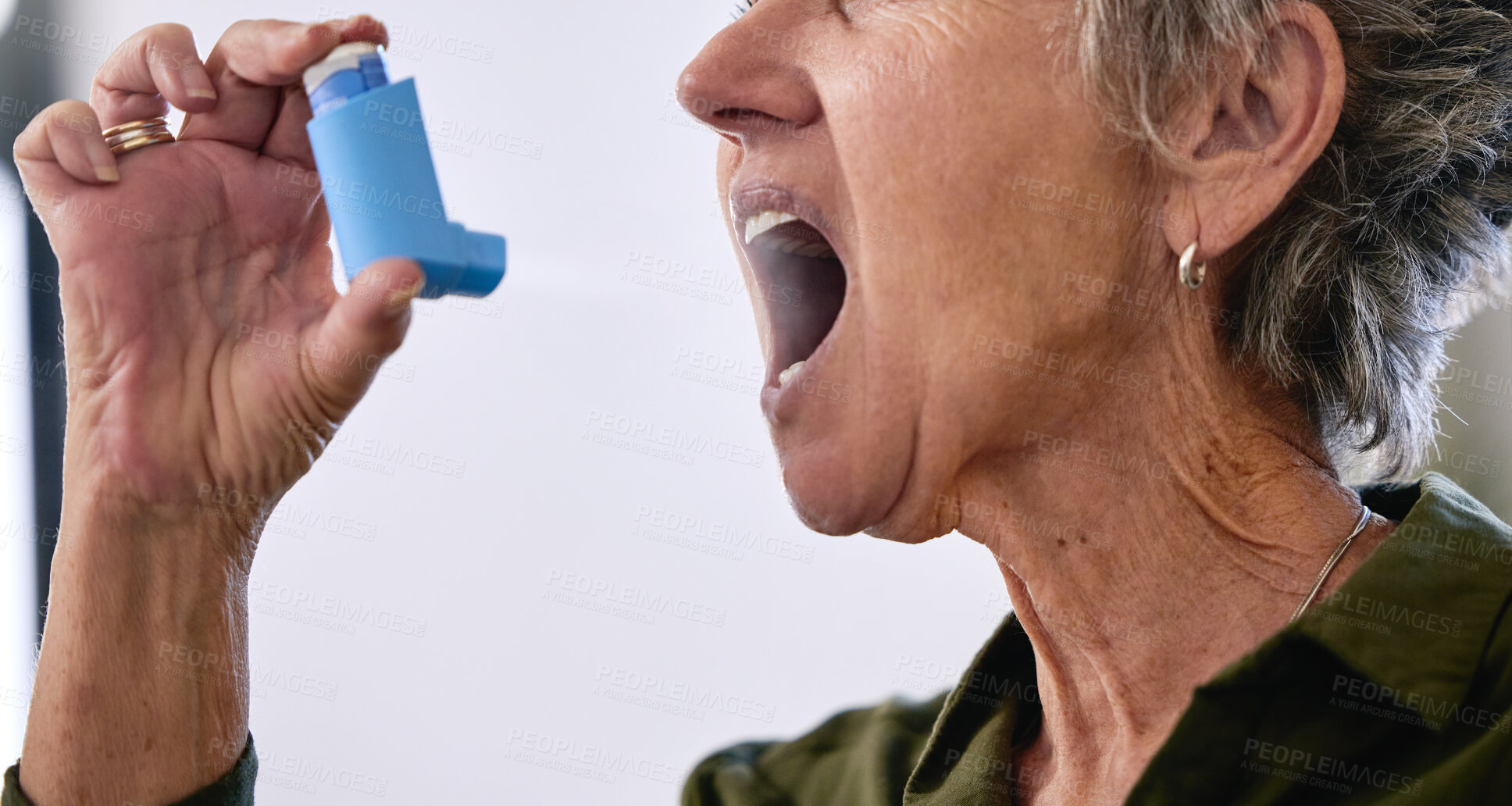 Buy stock photo Asthma, oxygen and senior woman with a pump for breath, medical help and healthcare into mouth. Medicine, spray and elderly person with medication treatment helping to breathe with an inhaler