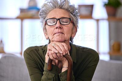 Buy stock photo Senior woman, thinking and hands on walking stick for disability, support and old age in retirement. Healthcare, memories and elderly lady with wood cane for arthritis, osteoporosis and medical help