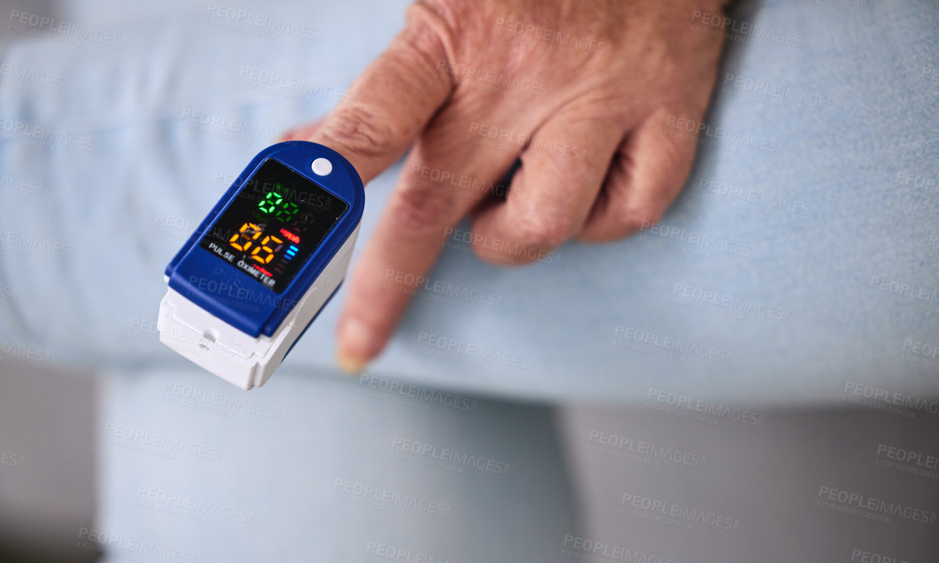 Buy stock photo Medical, heart rate and woman with a pulse oximeter in a retirement home during consultation. Healthcare, treatment and senior female patient measuring her oxygen blood levels with health device.