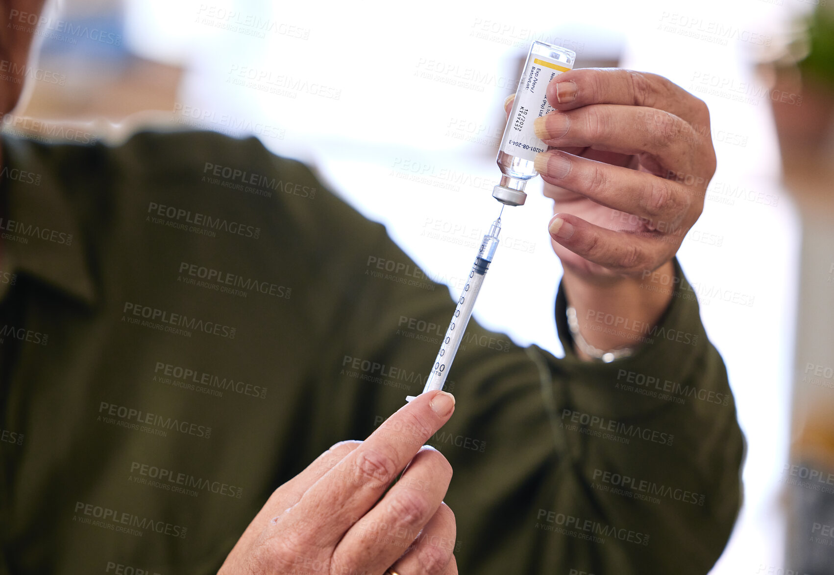 Buy stock photo Healthcare, needle and bottle for medicine, cure and treatment for illness, vaccine and self care. Hands, injection or container with liquid, medical support and diabetes syringe and disease solution