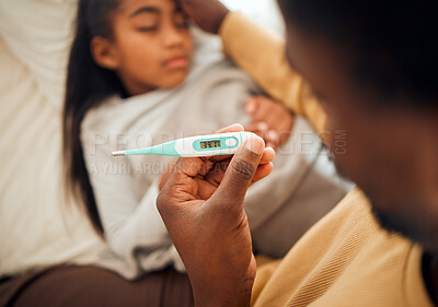 Buy stock photo Child, girl and dad checking thermometer for ill kid or daughter lying on a bed feeling sad. Support, care and parent in bedroom to help a worried child in pain with flu, cold or fever