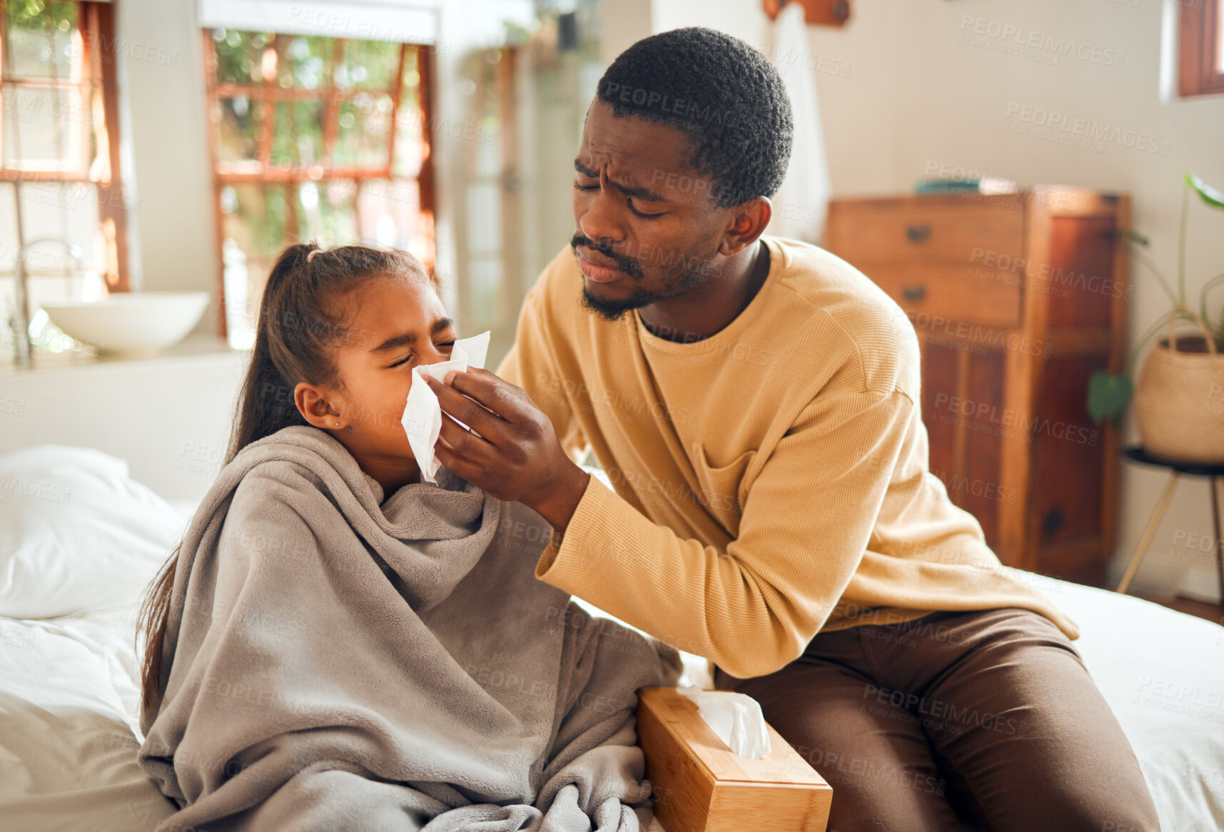 Buy stock photo Sick, worried and girl blowing nose with father for healthcare, medical support and covid help. Virus, cold and frustrated African dad caring for a child with the flu, disease or illness in a house