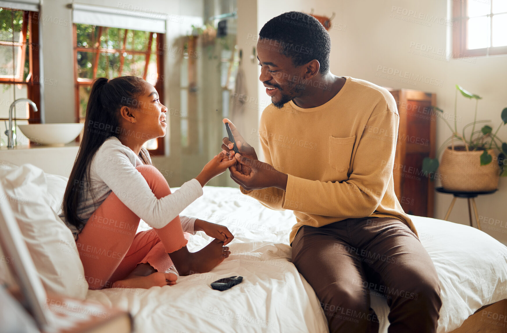 Buy stock photo Diabetes, child and dad drawing blood for healthcare, sugar levels and medical monitor. Care, medicine and an African father with a machine to check glucose of a sick girl for wellness and test