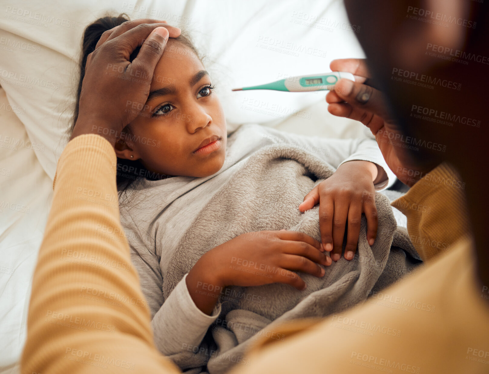 Buy stock photo Sick, girl and dad checking thermometer of ill kid or daughter lying on a bed feeling sad. Concern, care and parent in bedroom with worried child with flu, cold or fever giving her support