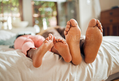 Buy stock photo Family, bed and feet of father and girl enjoying quality time, holiday and freedom on weekend together. Love, home lifestyle and dad with child in bedroom to relax, bonding and happiness in morning