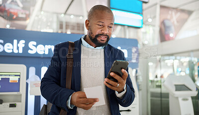 Buy stock photo Travel, email and black man with phone and ticket for information, communication and airport passport. Chat, connection and African traveler reading conversation on a mobile while on a trip for work