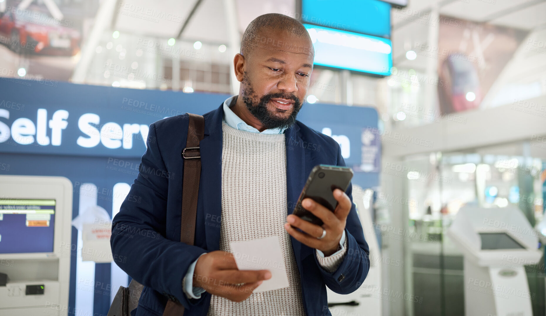 Buy stock photo Travel, email and black man with phone and ticket for information, communication and airport passport. Chat, connection and African traveler reading conversation on a mobile while on a trip for work