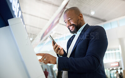 Buy stock photo Check in, email and black man with a phone for travel information, communication and connection. Contact, happy and businessman typing on a machine with an app on a mobile at the airport for a trip
