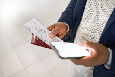 Buy stock photo Hands, phone and passport with ticket for travel, schedule or checking flight times on mobile app at a airport. Hand of business employee holding smartphone, screen or ID document for trip or journey
