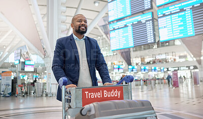 Buy stock photo Travel, airport or black man walking with suitcase, luggage or bags in trolley at customs with a happy smile. Airplane, pride or African businessman traveling via international flight transportation