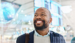 Smile, travel or happy black man in an airport for an international conference, seminar or global convention.. Airplane, face or excited African businessman traveling on a holiday vacation journey