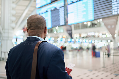 Buy stock photo Travel, airport or black man walking with passport, suitcase or tickets to customs in New York city. Back view, airplane or African businessman traveling via international flight transportation alone