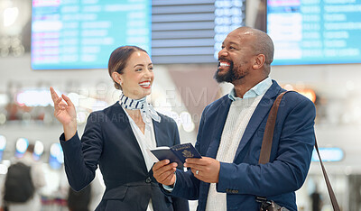 Buy stock photo Airport, African businessman and passport with woman concierge, direction and compliance check with joke. Happy corporate black man, air hostess and travel documents with comic laugh at inspection