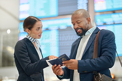 Buy stock photo African businessman, passport and airport woman with compliance check, reading and travel policy. Corporate black man, airline worker and documents for international transportation with inspection