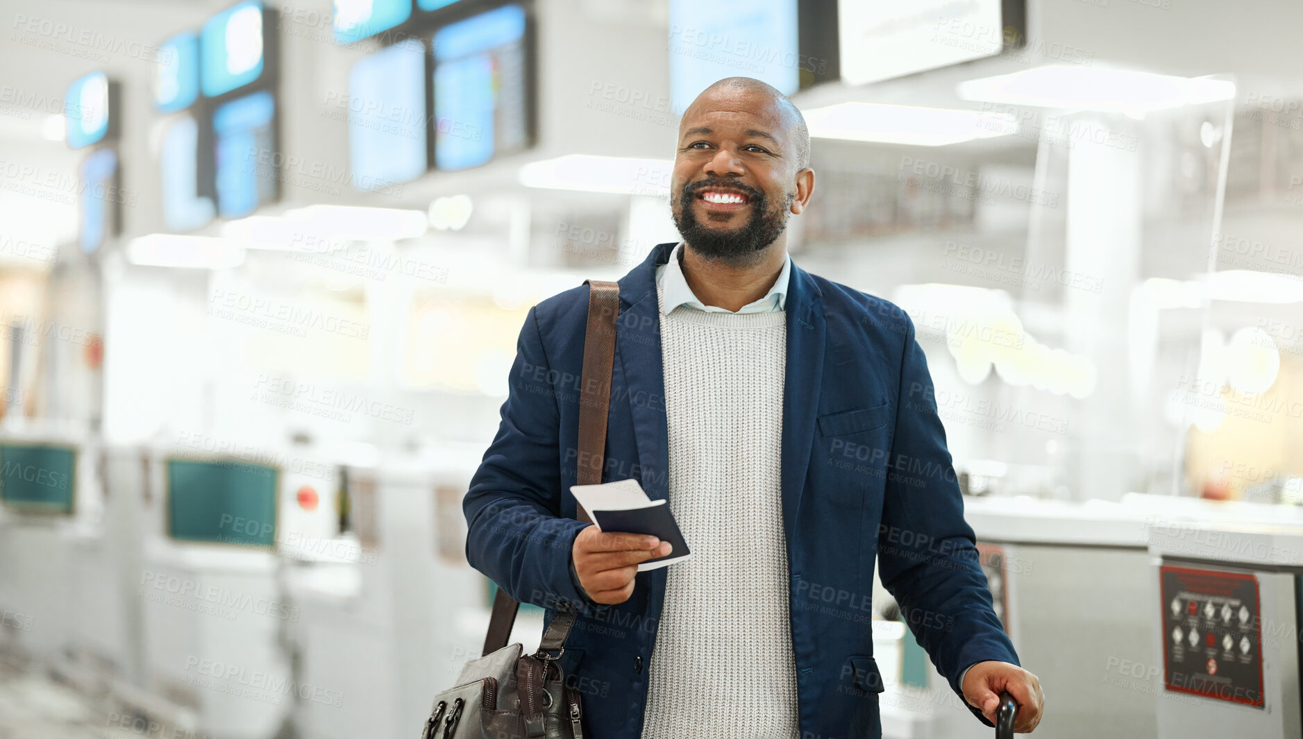 Buy stock photo African businessman, ticket and luggage at airport with excited smile, focus and happy business trip. Corporate black man, passport or paperwork for international travel, immigration or air transport