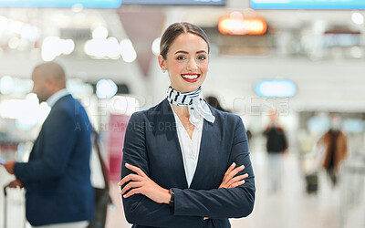 Buy stock photo Airport, woman concierge and portrait with smile, arms crossed and vision for career in international travel. Customer service, transport service expert and happy for job with motivation at workplace