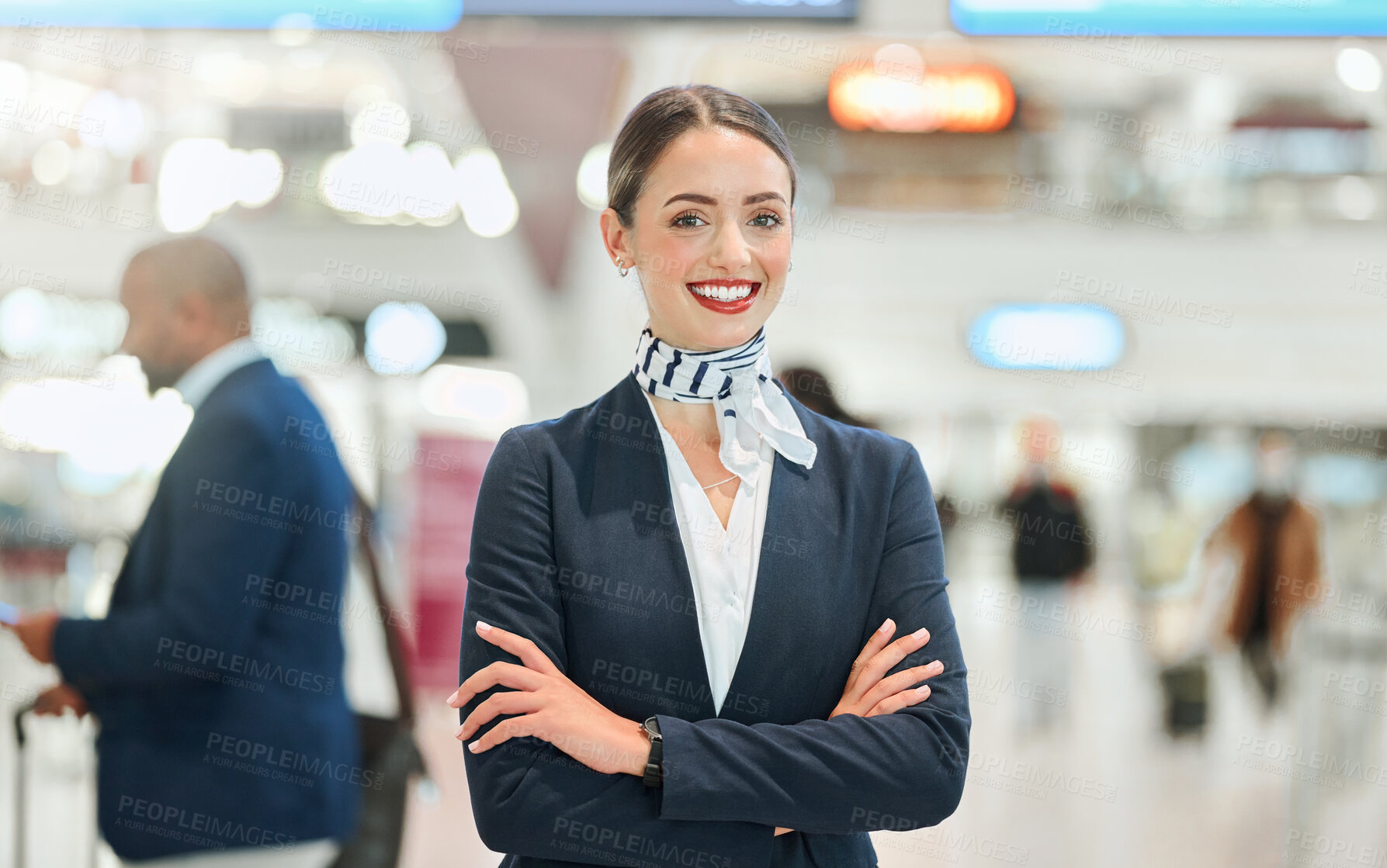 Buy stock photo Airport, woman concierge and portrait with smile, arms crossed and vision for career in international travel. Customer service, transport service expert and happy for job with motivation at workplace