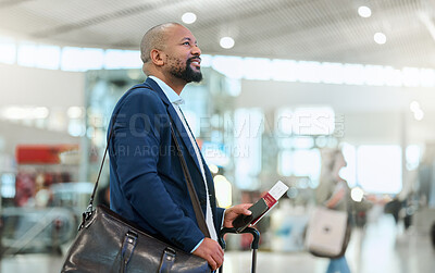 Buy stock photo African businessman, airport terminal and walking, search or thinking for flight schedule time with passport. Corporate black man, global travel and focus on itinerary with personal luggage in London