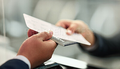 Buy stock photo Ticket, travel and person giving a passport to a worker for documentation, holiday and airplane boarding. Flying, buying and hands at the airport with paper for traveling, identity document and check