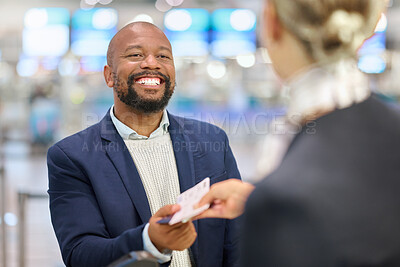 Buy stock photo African businessman, ticket and woman at airport with excited smile, customer support and help for global travel. Corporate black man, concierge and happy for business trip, immigration or networking