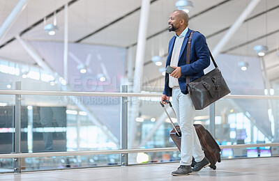 Buy stock photo Corporate, black man in airport and travel for conference, workshop and ceo with happiness and tourism. Nigerian male, entrepreneur and leader commute, abroad destination and employee with luggage